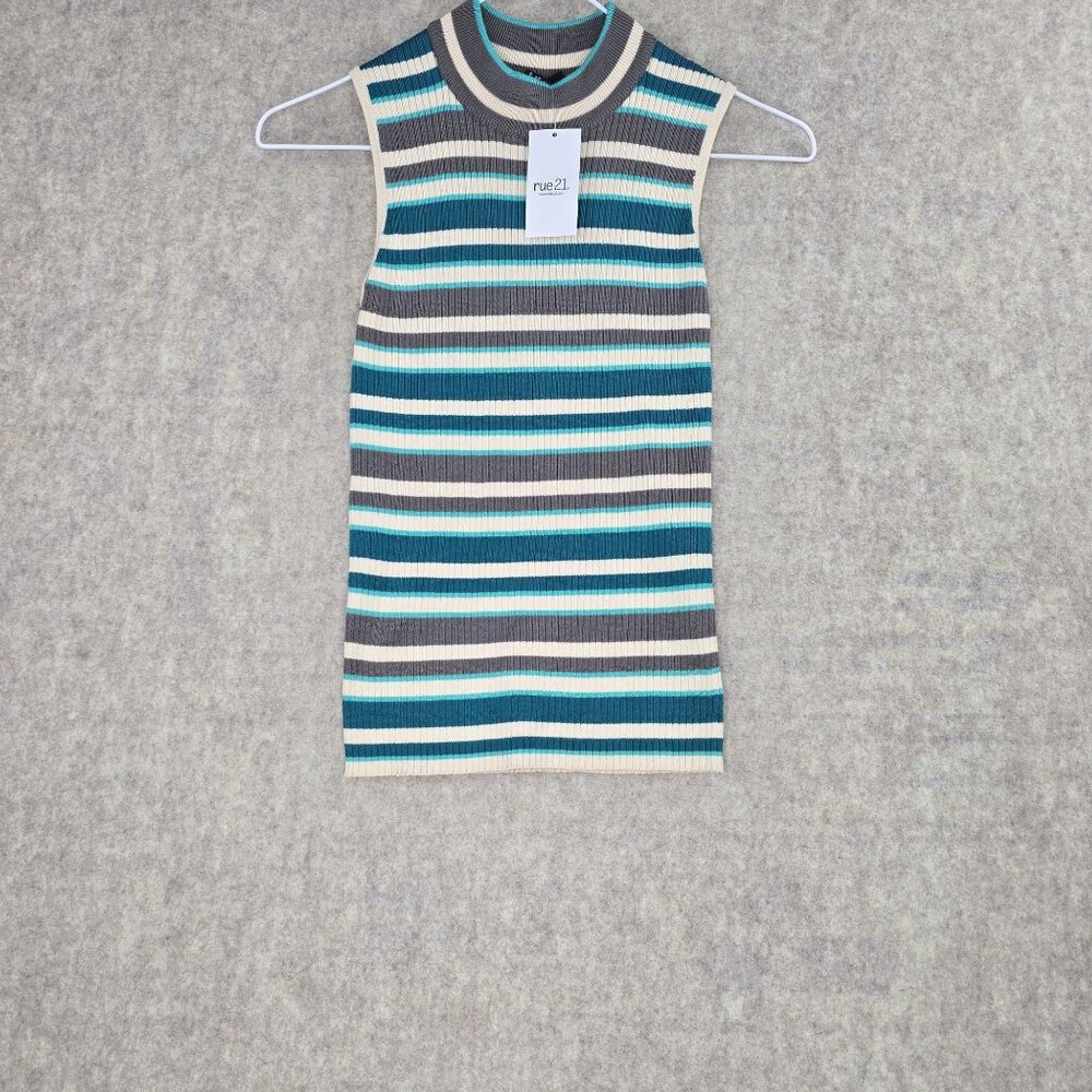 Rue21 Women Sleeveless Striped Tank Top Teal/Gray/Beige Medium Ribbed Knit